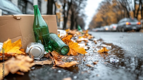 A street littered with glass bottles and autumn leaves, illustrating the juxtaposition of nature's beauty and human carelessness amidst urban life.