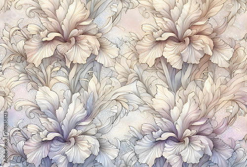 Beautiful blooming toffee flowers painted on light grey background, wallpaper pattern