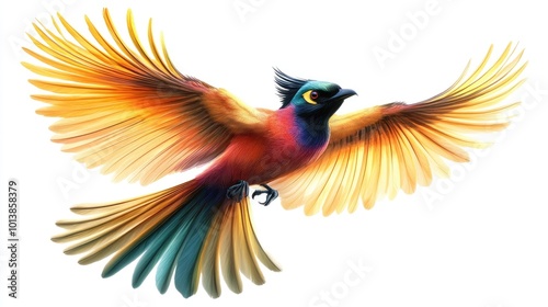 A realistic image of a brightly colored tropical bird with outstretched wings