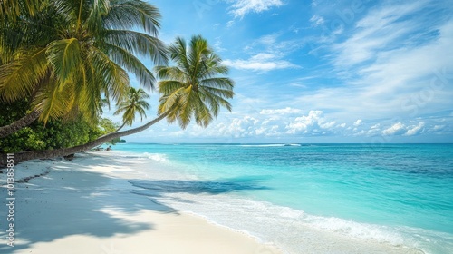 A serene beach with white sand  turquoise waters  and palm trees swaying in the breeze  embodying the perfect tropical paradise.