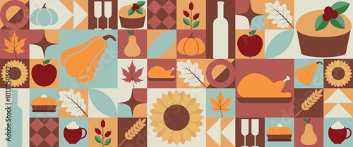 Thanksgiving day modern geometric background. Festive banner with pumpkin, rosehip, maple leaf, pie, turkey and geomertic shape. Vector illustration