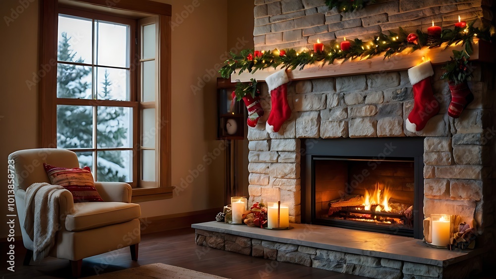 A cozy fireplace adorned with Christmas stockings, garlands, and candles, with a soft, glowing fire, placed on a plain stone hearth background, representing warmth and togetherness during the holiday A cozy fireplace adorned with Christmas stockings, garlands, and candles, with a soft, glowing fire, placed on a plain stone hearth background, representing warmth and togetherness during the holiday