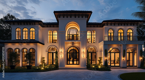 A wide-angle shot of the front view exterior design of an ultra-luxurious mansion with modern and classic architecture.