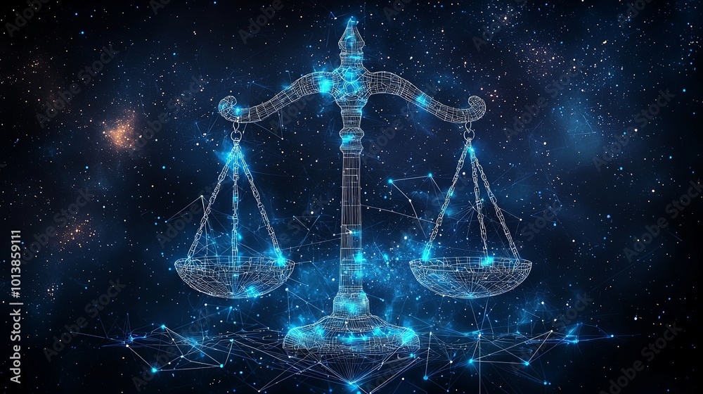 A futuristic digital representation of scales of justice glowing in a cosmic, star-filled setting, symbolizing balance and fairness in the universe. A futuristic digital representation of scales of justice glowing in a cosmic, star-filled setting, symbolizing balance and fairness in the universe.