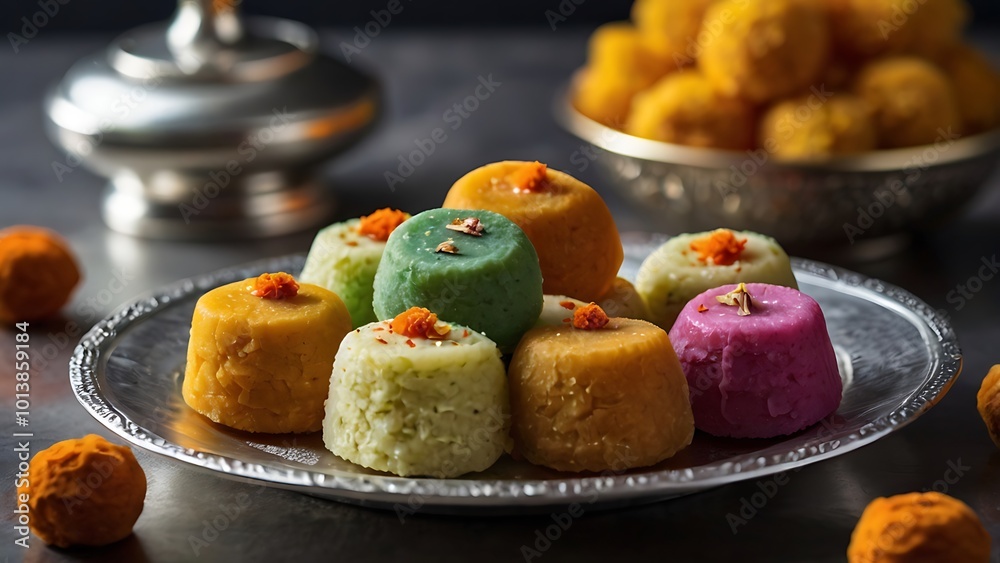 A platter of traditional Indian sweets like ladoos, barfi, and jalebi, arranged on a plain silver plate, ready to be shared during Diwali celebrations. A platter of traditional Indian sweets like ladoos, barfi, and jalebi, arranged on a plain silver plate, ready to be shared during Diwali celebrations.