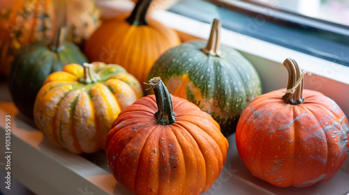 A few beautifull pumpkins on windowsill as a decoration for halloween and autumn