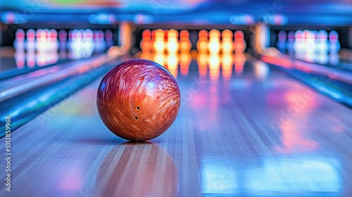 A bowling ball sitting on the return rack, ready for the next throw, with multiple lanes and pins visible in the background under colorful lights.