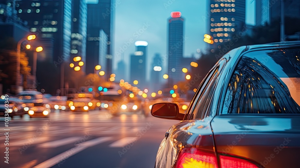 A city taxi picking up a passenger at a busy intersection, with the city skyline in the background and traffic lights glowing under a bright sky. A city taxi picking up a passenger at a busy intersection, with the city skyline in the background and traffic lights glowing under a bright sky.