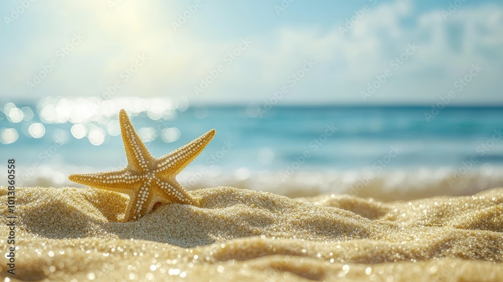 A close-up of a single starfish partially buried in golden sand, with the ocean glistening in the background under the bright summer sky. A close-up of a single starfish partially buried in golden sand, with the ocean glistening in the background under the bright summer sky.