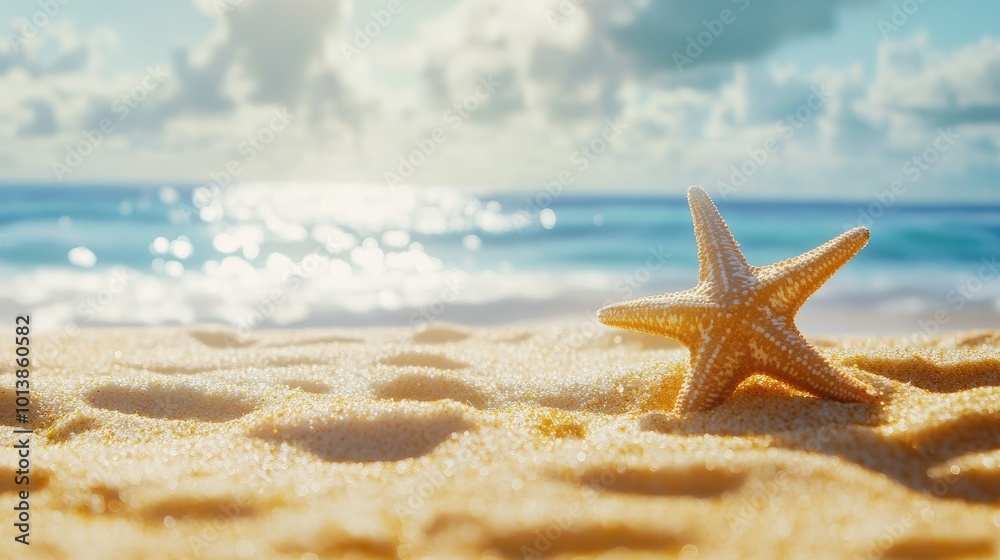 A close-up of a single starfish partially buried in golden sand, with the ocean glistening in the background under the bright summer sky. A close-up of a single starfish partially buried in golden sand, with the ocean glistening in the background under the bright summer sky.