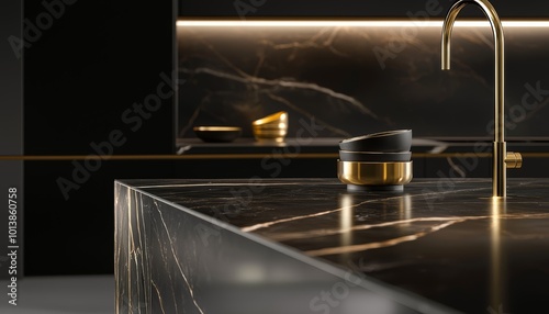 Black marble countertop in a modern kitchen, soft focus on golden lighting and elegant kitchenware, minimalist luxury photo