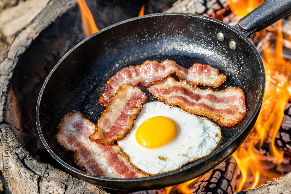 Close-up of sizzling bacon and eggs in a skillet by a campfire, rustic outdoor cooking setup, warm and inviting camping atmosphere