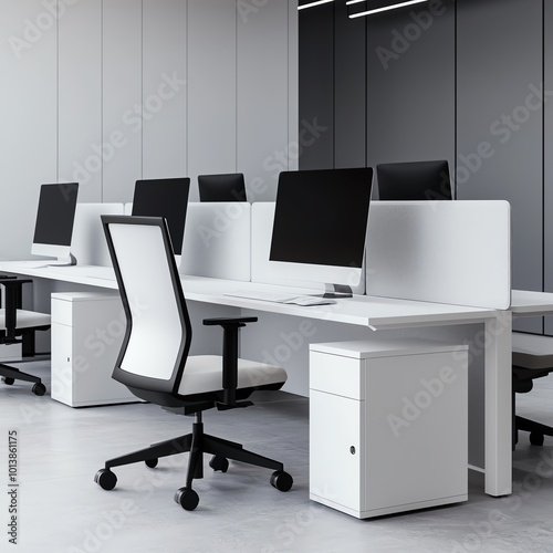 Modern office workspace with ergonomic chairs, white desks, and computer monitors in a stylish, minimalist design.