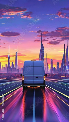 A van drives towards a vibrant city skyline at sunset, reflecting colorful lights on the road.