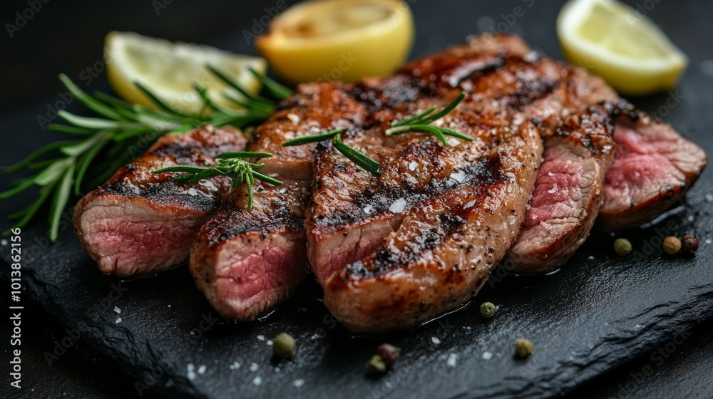 Close-up of grilled meat slices with rosemary sprigs and lemon wedges on a black slate plate. Close-up of grilled meat slices with rosemary sprigs and lemon wedges on a black slate plate.