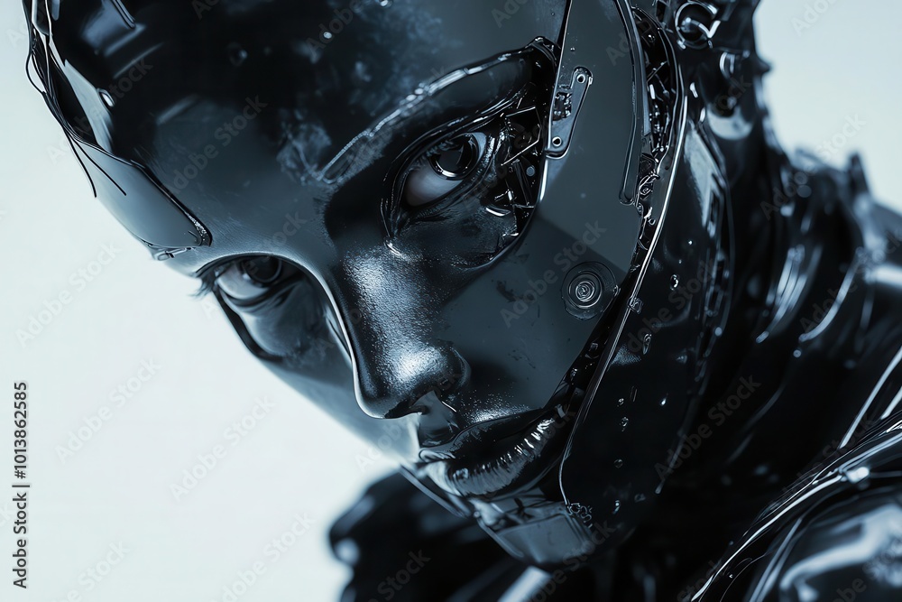 A metallic-skinned female robot with soft features, top view, expressing a blend of human and machine Advanced tone, Monochromatic Color Scheme A metallic-skinned female robot with soft features, top view, expressing a blend of human and machine Advanced tone, Monochromatic Color Scheme