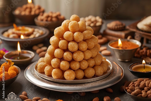 A pyramid of golden Pedha balls presented on a silver platter surrounded by festive decor and lights, representing joy and celebration during Indian festivals photo