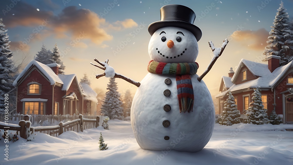 Obraz premium A cheerful snowman with a top hat, scarf, and stick arms, standing in a snowy yard with children playing around, placed on a plain winter sky background, capturing the playful spirit of Christmas.