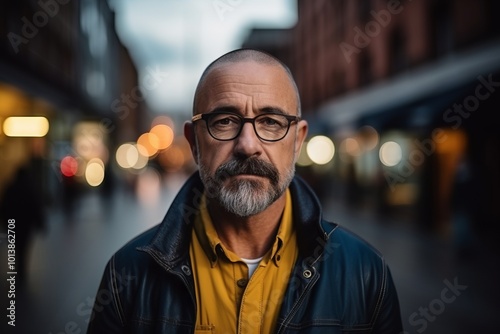 Portrait of an old man with a beard and glasses in a city at night