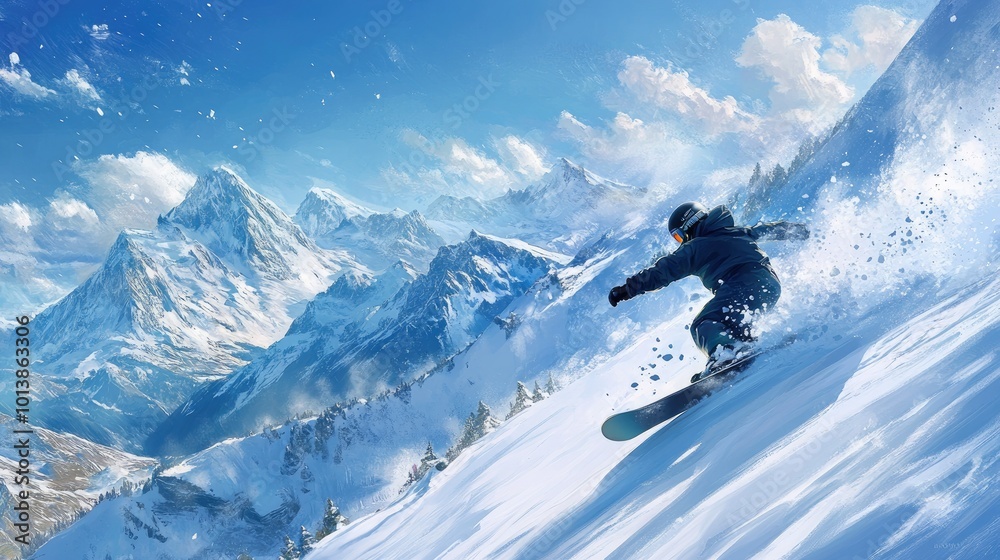 A snowboarder carving through fresh powder on a snowy mountain slope, kicking up snow behind them with a blue sky and distant peaks in the background. A snowboarder carving through fresh powder on a snowy mountain slope, kicking up snow behind them with a blue sky and distant peaks in the background.