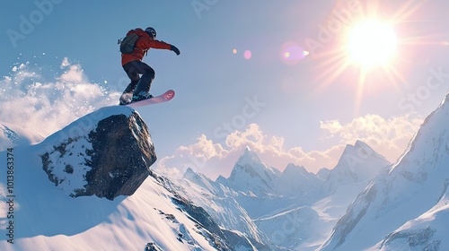 A snowboarder jumping off a snow-covered boulder during a freeride, with the sun shining brightly in a clear sky and a pristine snowy landscape below.