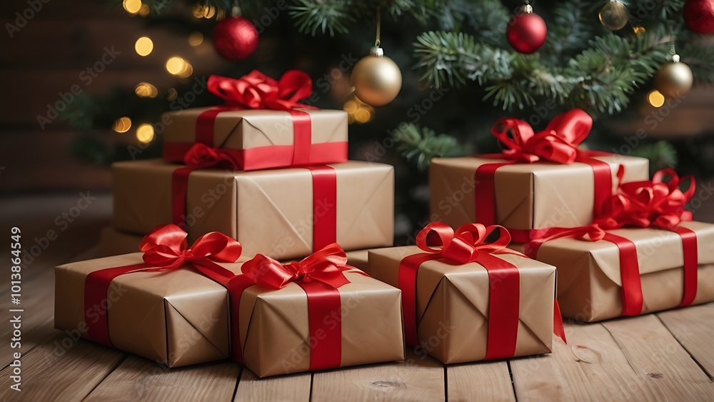 A stack of beautifully wrapped Christmas presents with red ribbons and bows, placed under a Christmas tree, set on a plain wooden floor background. A stack of beautifully wrapped Christmas presents with red ribbons and bows, placed under a Christmas tree, set on a plain wooden floor background.