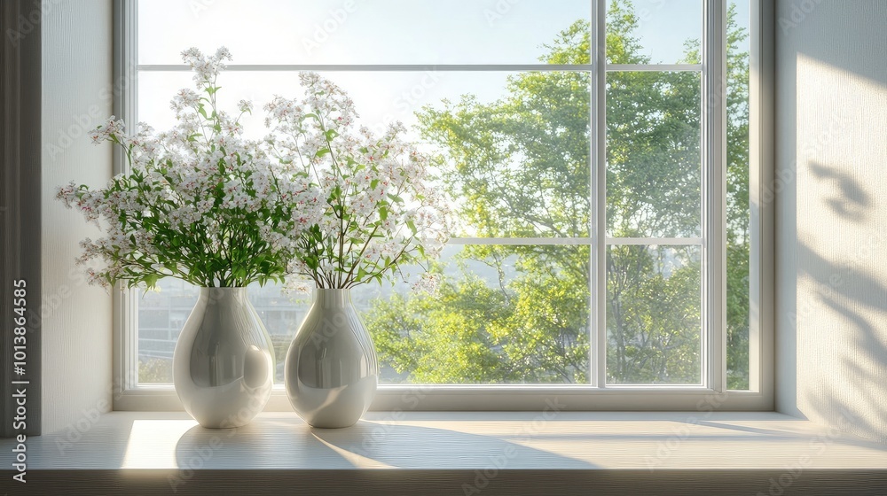 Clean, modern balcony window with minimalist flower vases, sunlight casting subtle shadows in the serene space. Clean, modern balcony window with minimalist flower vases, sunlight casting subtle shadows in the serene space.