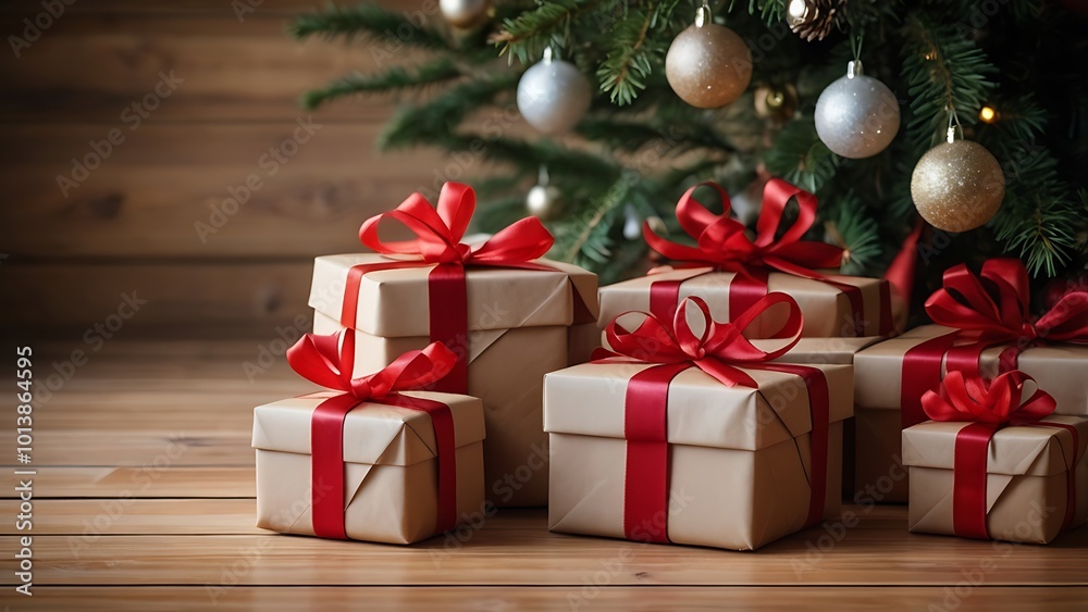 A stack of beautifully wrapped Christmas presents with red ribbons and bows, placed under a Christmas tree, set on a plain wooden floor background. A stack of beautifully wrapped Christmas presents with red ribbons and bows, placed under a Christmas tree, set on a plain wooden floor background.