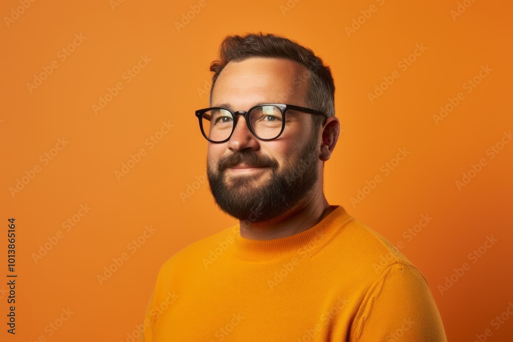 Portrait of handsome bearded man in eyeglasses on orange background Portrait of handsome bearded man in eyeglasses on orange background