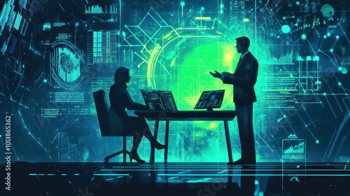 Futuristic financial advisor and client discussion with holographic charts in cool blue and green tones, accented by sacred geometry patterns. Modern financial services illustration.