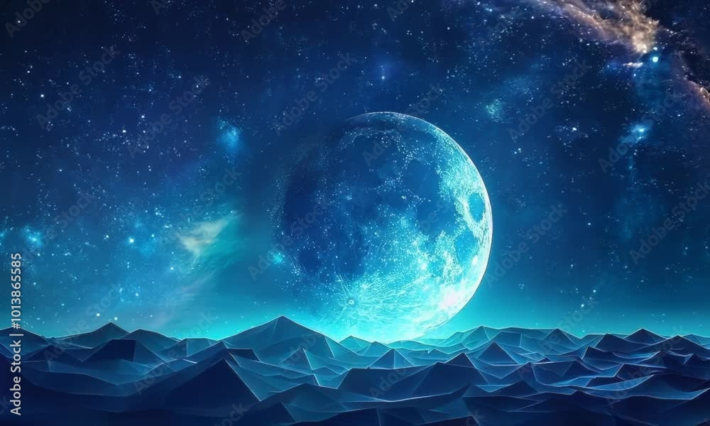 A moon in the night sky with a polygonal crescent moon in the night sky for Ramadan celebrations on a blue background A moon in the night sky with a polygonal crescent moon in the night sky for Ramadan celebrations on a blue background