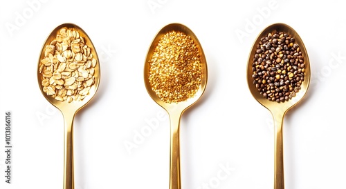 Four gold spoons with different grains quinoa and black chia seeds on the left side of each spoon, brown wheat and white millet against a white background.