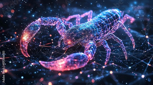 An imaginative portrayal of a scorpion within a digital realm, glowing with vibrant cosmic lights that merge realism and abstract artistic styles ingeniously. photo