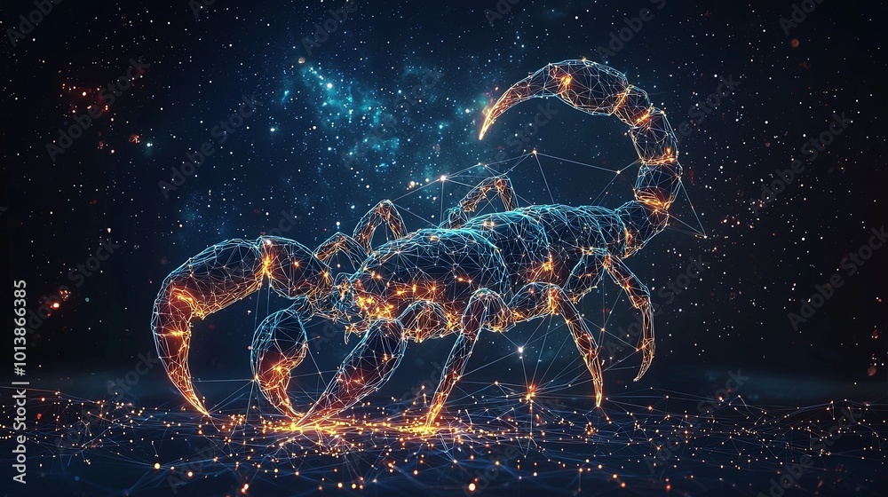 A surreal image of a cosmic scorpion set within a futuristic digital universe, highlighting abstract connections and the vast interconnectedness of space.