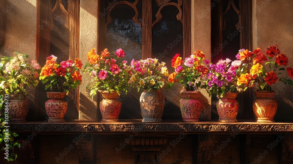 Indian-style balcony window adorned with vibrant flower vases, with sunlight streaming through intricately carved wooden frames.