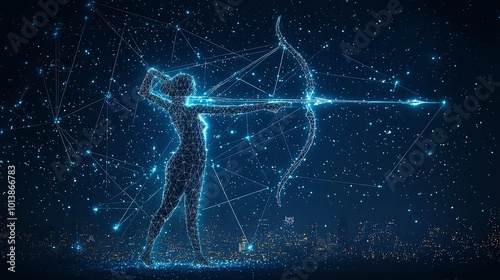 A digital silhouette of an archer aims into the starry night, symbolizing precision and vision, set against a backdrop of shining cosmic patterns and light.