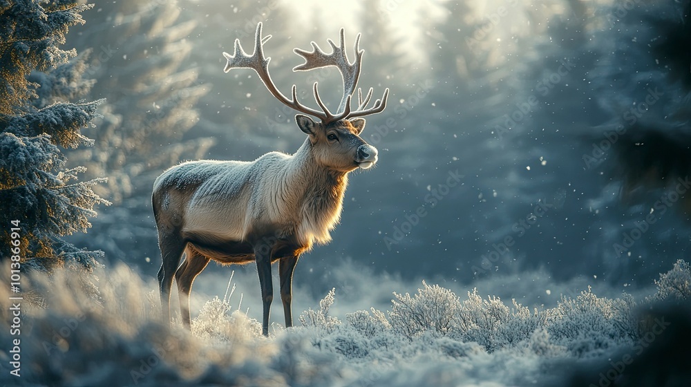 A majestic reindeer standing in a snowy forest, its antlers covered in frost as soft light filters through the trees A majestic reindeer standing in a snowy forest, its antlers covered in frost as soft light filters through the trees