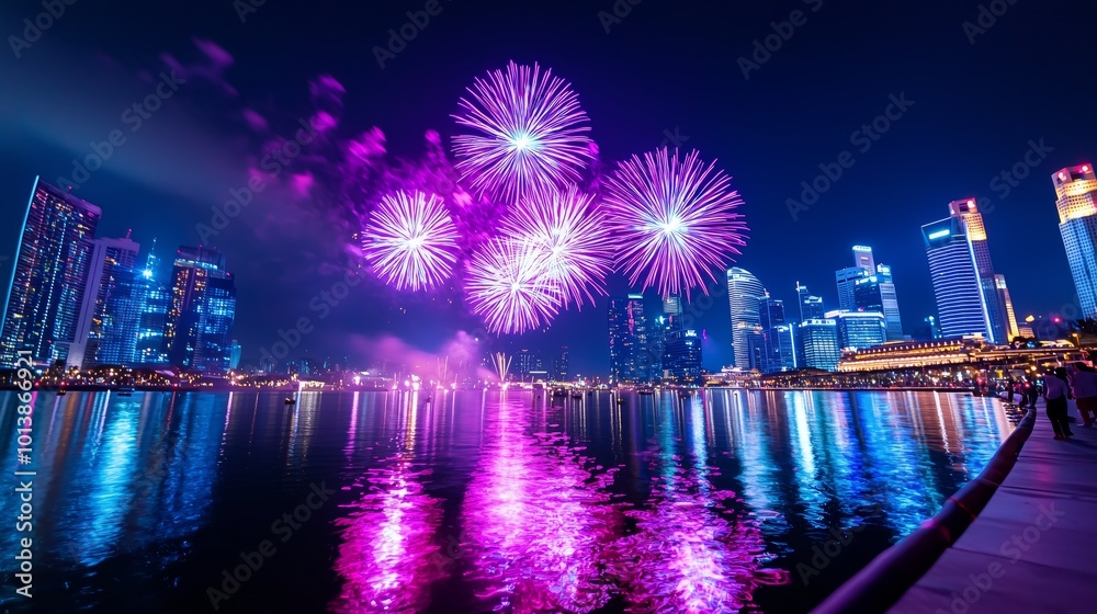 Obraz premium Spectacular New Year Fireworks Over Urban Skyline