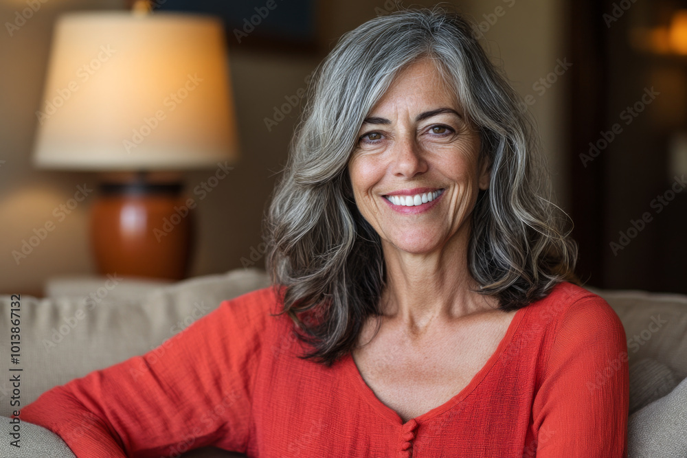 A woman with long gray hair smiles warmly while sitting on a couch in a cozy living room A woman with long gray hair smiles warmly while sitting on a couch in a cozy living room