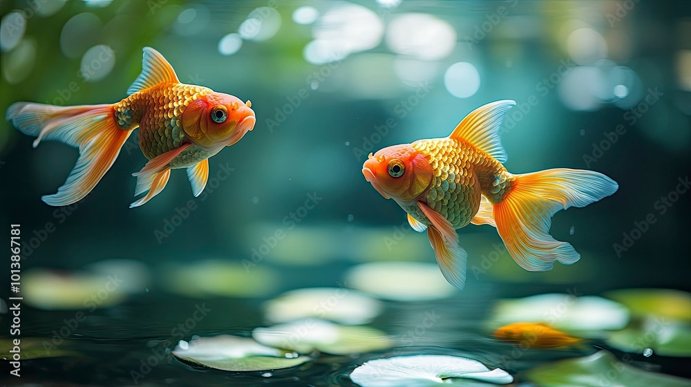 A pair of goldfish swimming side by side in a tranquil pond, surrounded by lily pads and calm water A pair of goldfish swimming side by side in a tranquil pond, surrounded by lily pads and calm water