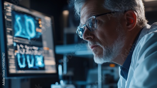 Senior medical professional analyzing data on a computer screen in a modern laboratory