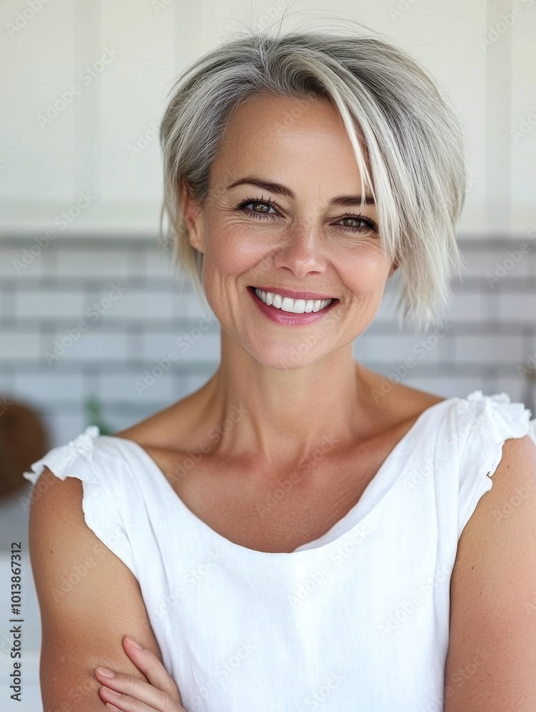 Smiling woman in a modern kitchen wearing a white shirt and showcasing a radiant personality Smiling woman in a modern kitchen wearing a white shirt and showcasing a radiant personality