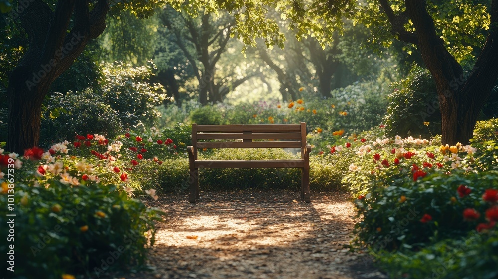 A peaceful garden bench surrounded by flowers and trees, offering a quiet moment of reflection and mindfulness A peaceful garden bench surrounded by flowers and trees, offering a quiet moment of reflection and mindfulness