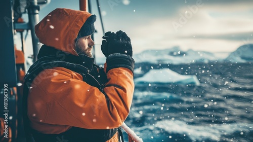 Scientist warming hands during arctic expedition on a snowy day photo