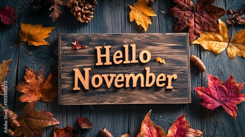 Hello November on wood with autumn decor frame