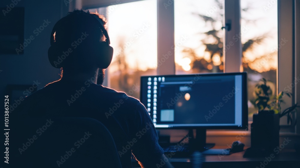 Programmer wearing headphones working from home at sunset Programmer wearing headphones working from home at sunset