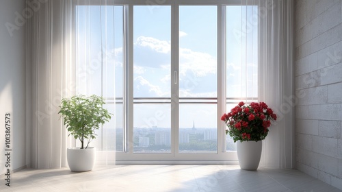 Minimalist balcony window with a focus on light and simple flower vases, creating a calm, refined atmosphere.