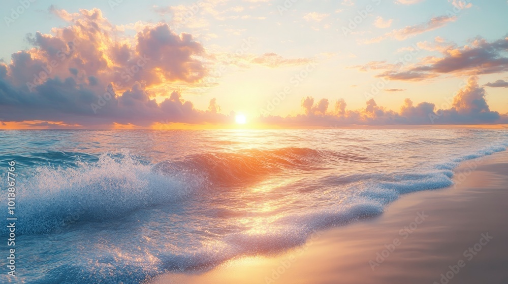 A serene beach scene at sunset, with soft waves lapping at the shore and vibrant colors painting the sky A serene beach scene at sunset, with soft waves lapping at the shore and vibrant colors painting the sky
