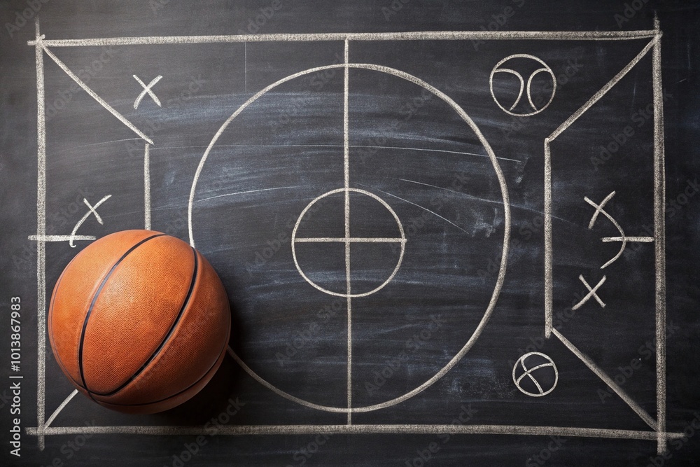 Fototapeta premium Basketball tactics drawn on black chalkboard background
