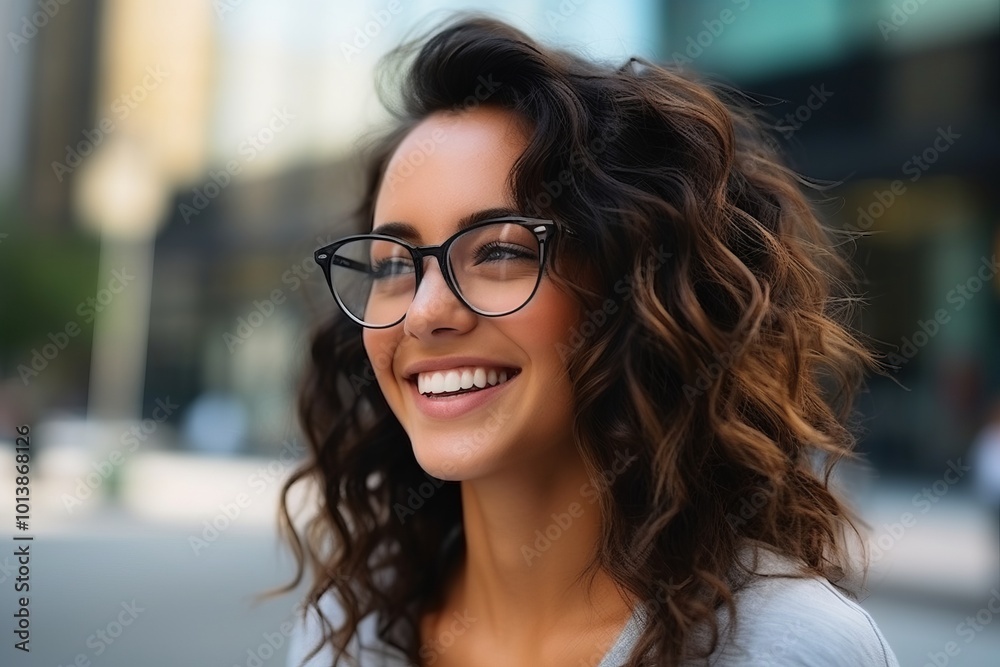 Portrait of a beautiful young woman with glasses smiling and looking away Portrait of a beautiful young woman with glasses smiling and looking away